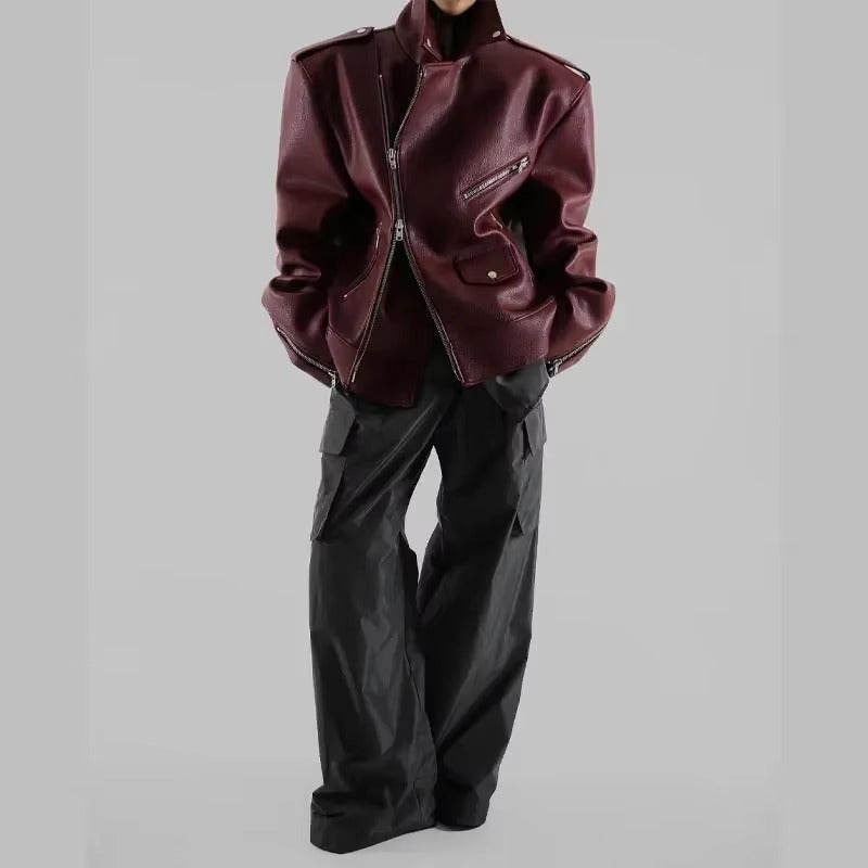 Vintage Double Zipper Long Sleeved Pocket Pu Leather High Street Jacket
