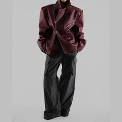 Vintage Double Zipper Long Sleeved Pocket Pu Leather High Street Jacket
