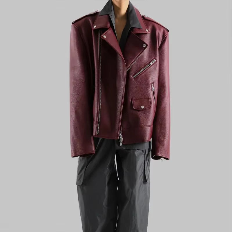 Vintage Double Zipper Long Sleeved Pocket Pu Leather High Street Jacket
