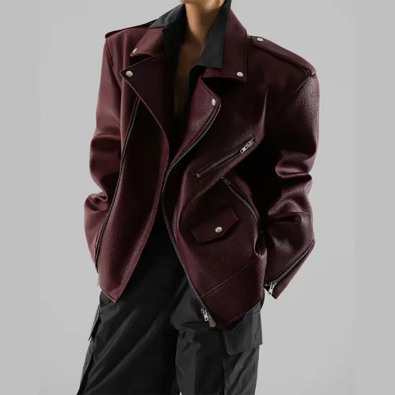 Vintage Double Zipper Long Sleeved Pocket Pu Leather High Street Jacket