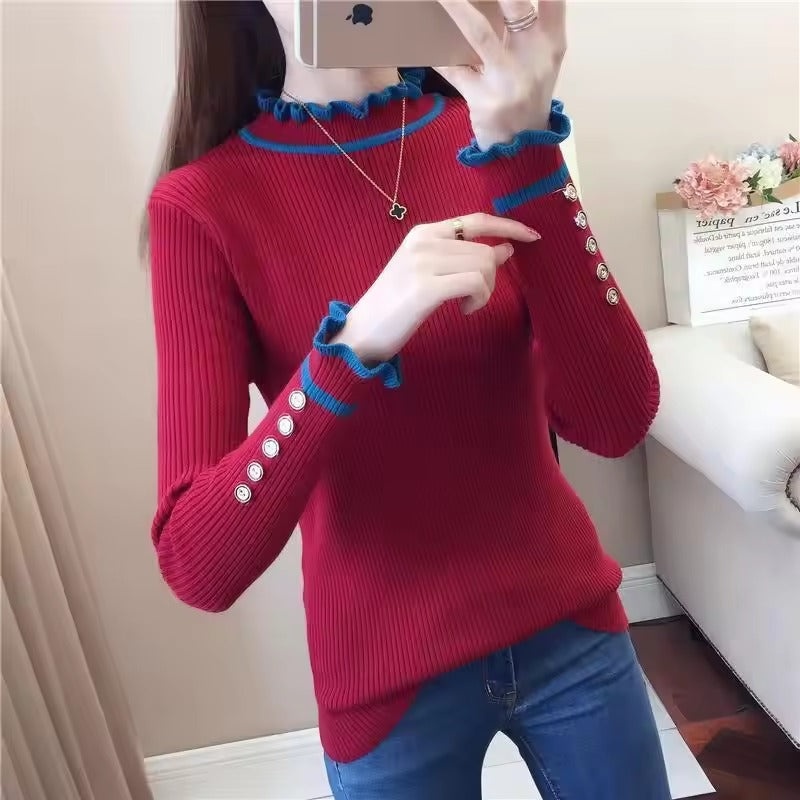 Vintage Half High Collar Ruffles Knitted Button Spliced Sweaters