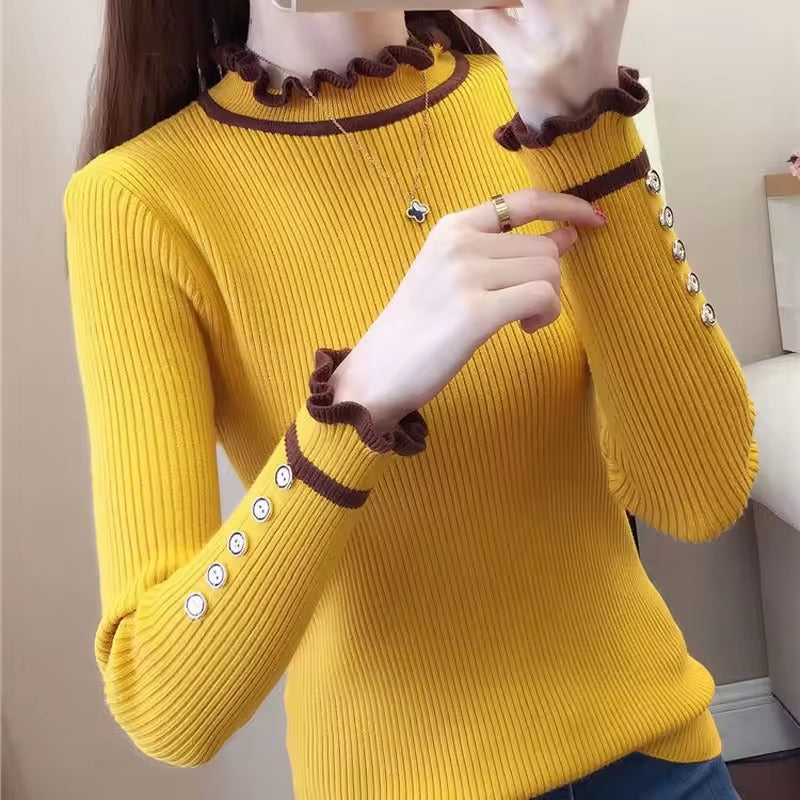 Vintage Half High Collar Ruffles Knitted Button Spliced Sweaters