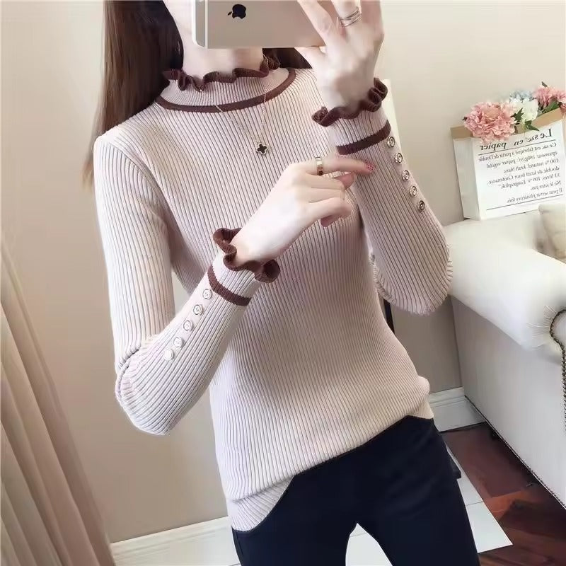 Vintage Half High Collar Ruffles Knitted Button Spliced Sweaters