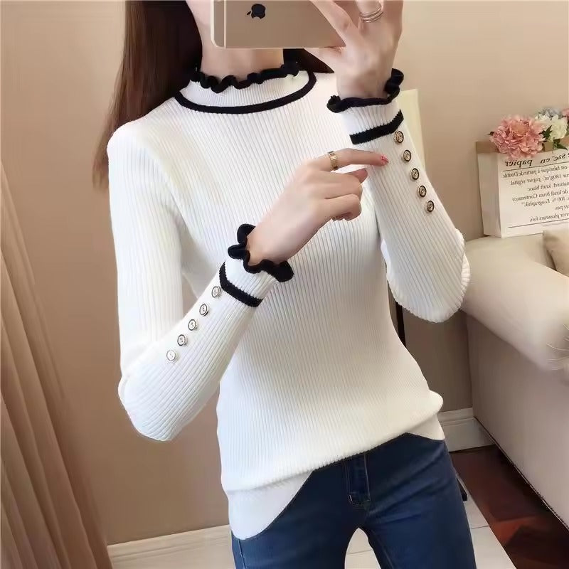 Vintage Half High Collar Ruffles Knitted Button Spliced Sweaters