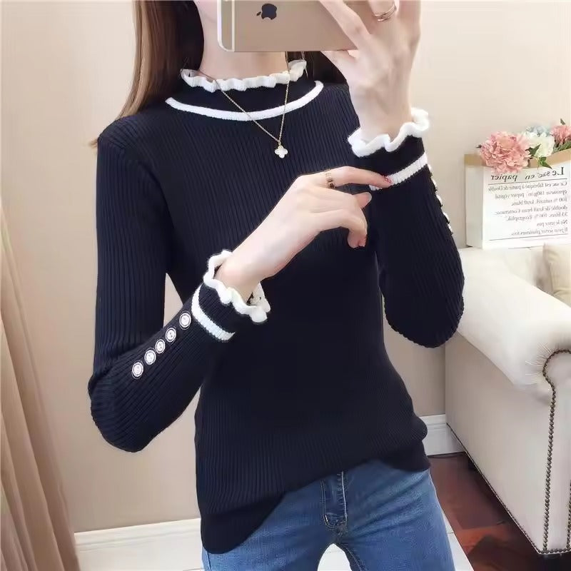 Vintage Half High Collar Ruffles Knitted Button Spliced Sweaters