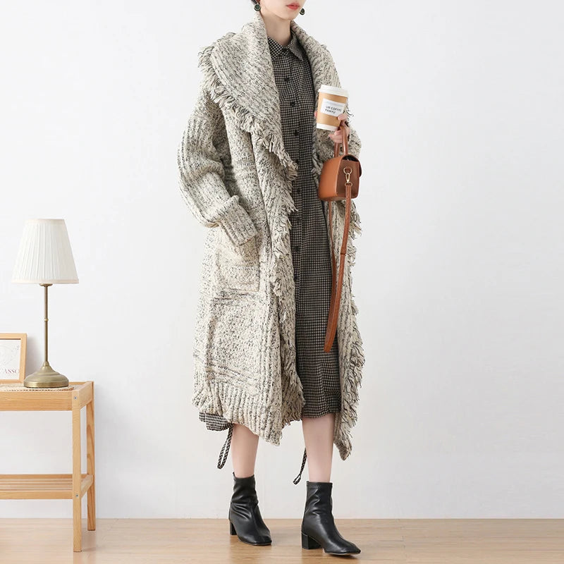Vintage Knitted Tassel Lapel Open Stitch Loose Pockets Long Outwear Sweater