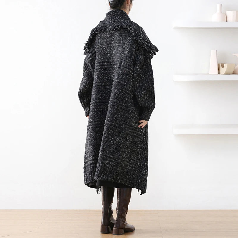 Vintage Knitted Tassel Lapel Open Stitch Loose Pockets Long Outwear Sweater