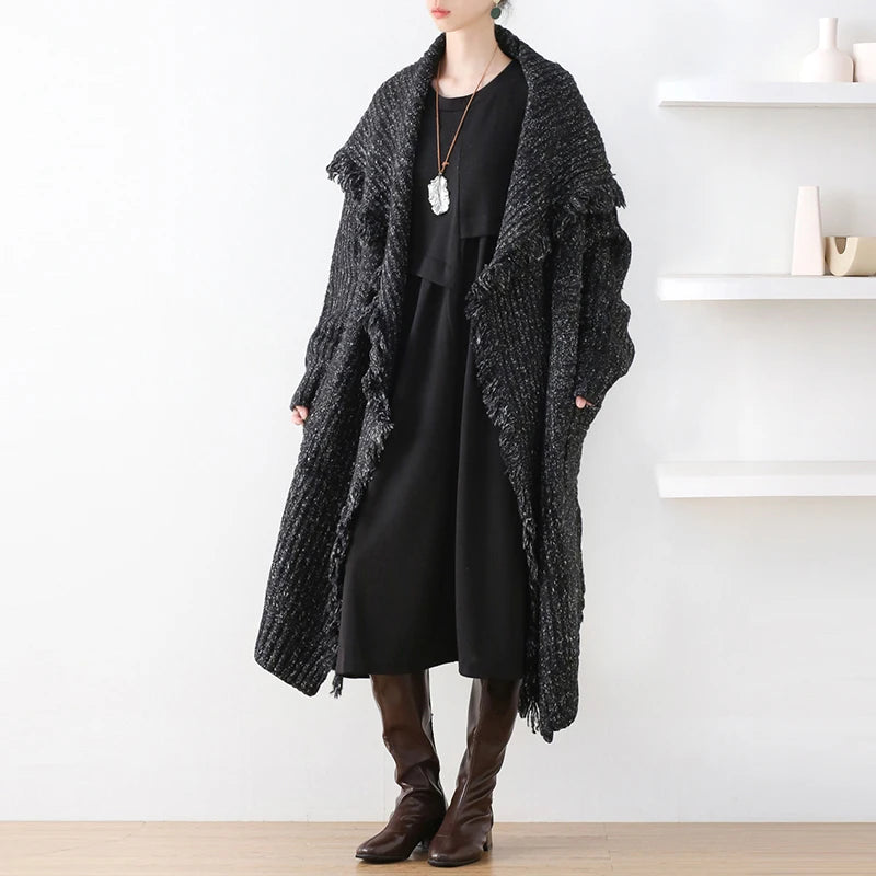 Vintage Knitted Tassel Lapel Open Stitch Loose Pockets Long Outwear Sweater