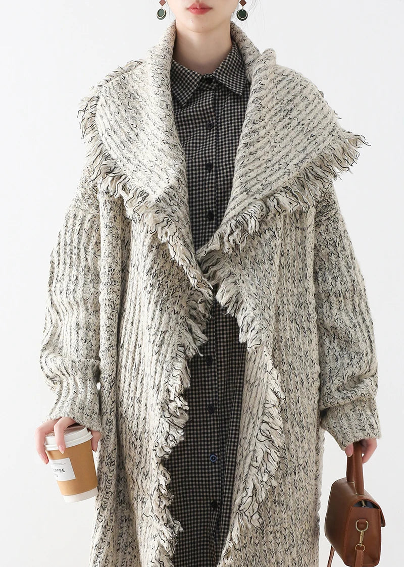 Vintage Knitted Tassel Lapel Open Stitch Loose Pockets Long Outwear Sweater
