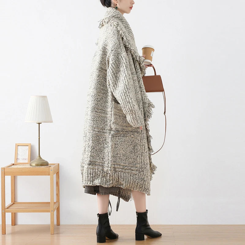 Vintage Knitted Tassel Lapel Open Stitch Loose Pockets Long Outwear Sweater