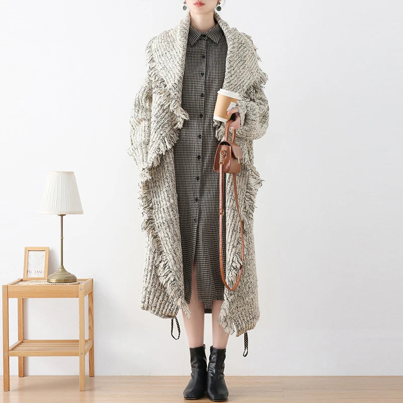 Vintage Knitted Tassel Lapel Open Stitch Loose Pockets Long Outwear Sweater