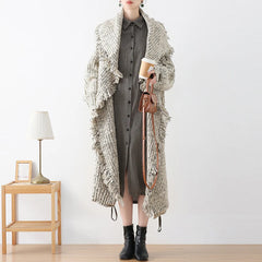 Vintage Knitted Tassel Lapel Open Stitch Loose Pockets Long Outwear Sweater