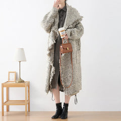 Vintage Knitted Tassel Lapel Open Stitch Loose Pockets Long Outwear Sweater