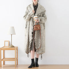 Vintage Knitted Tassel Lapel Open Stitch Loose Pockets Long Outwear Sweater