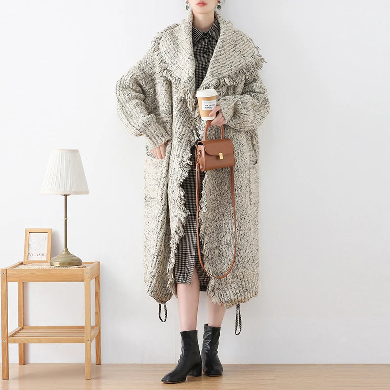 Vintage Knitted Tassel Lapel Open Stitch Loose Pockets Long Outwear Sweater