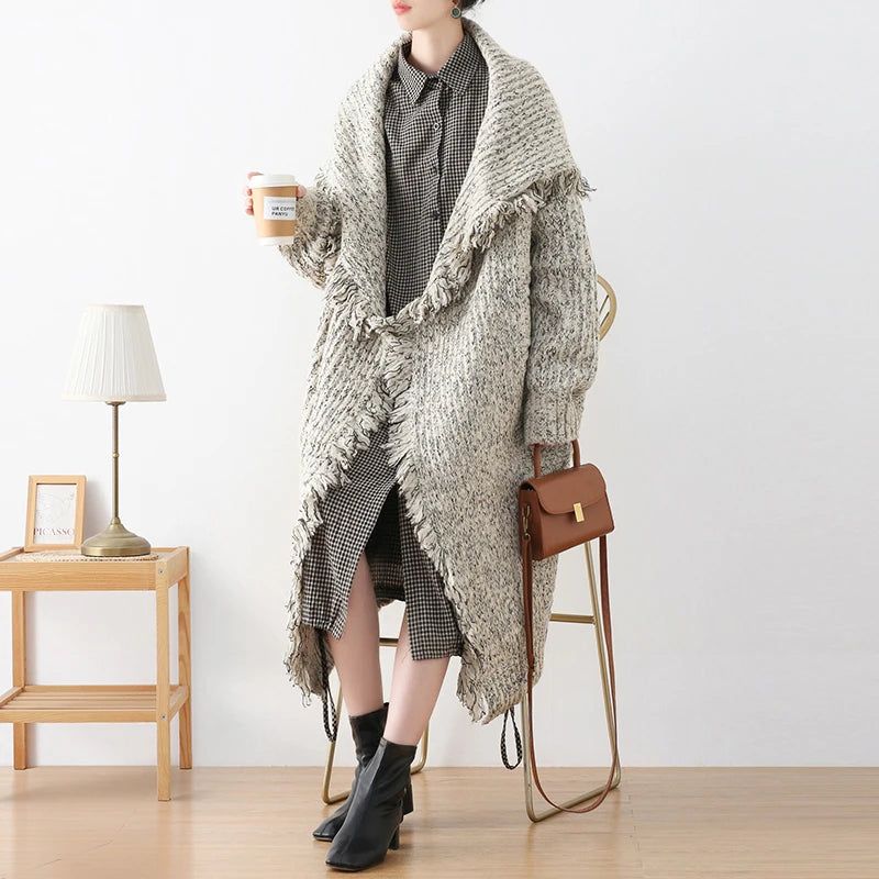Vintage Knitted Tassel Lapel Open Stitch Loose Pockets Long Outwear Sweater