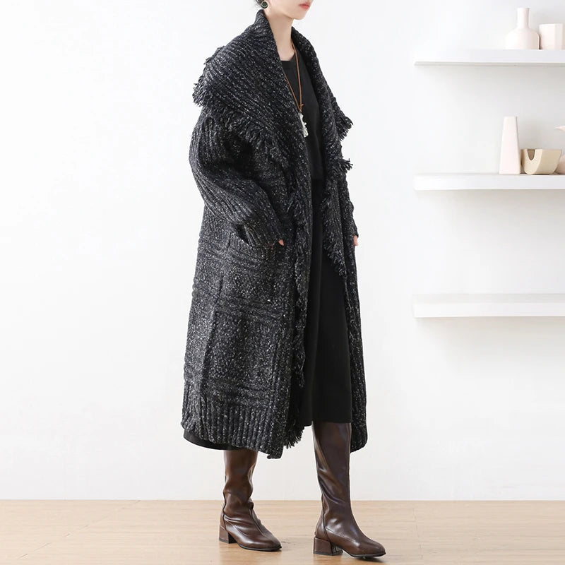 Vintage Knitted Tassel Lapel Open Stitch Loose Pockets Long Outwear Sweater