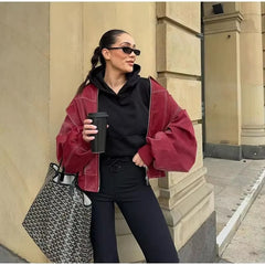 Vintage Lapel Long Sleeve Bomber Leather Jacket