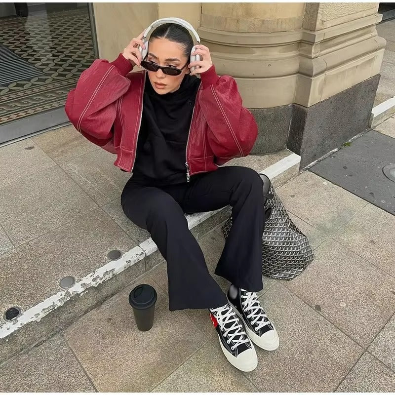 Vintage Lapel Long Sleeve Bomber Leather Jacket