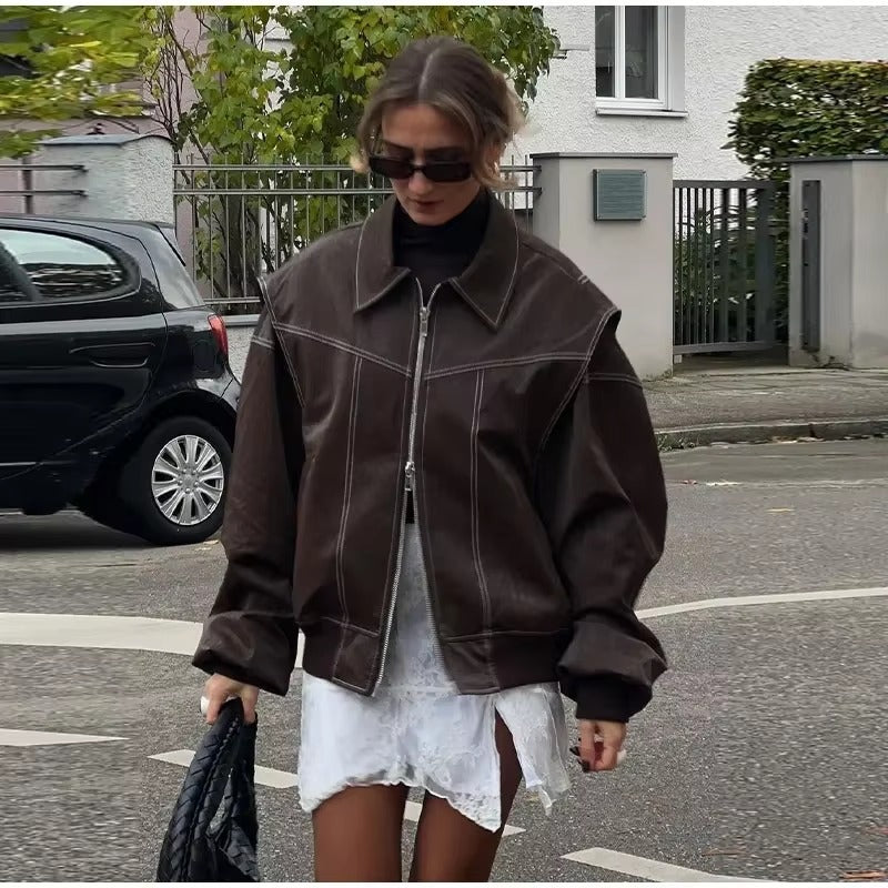 Vintage Lapel Long Sleeve Bomber Leather Jacket