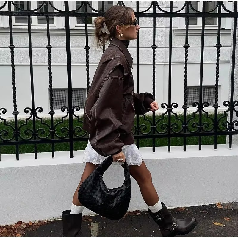 Vintage Lapel Long Sleeve Bomber Leather Jacket