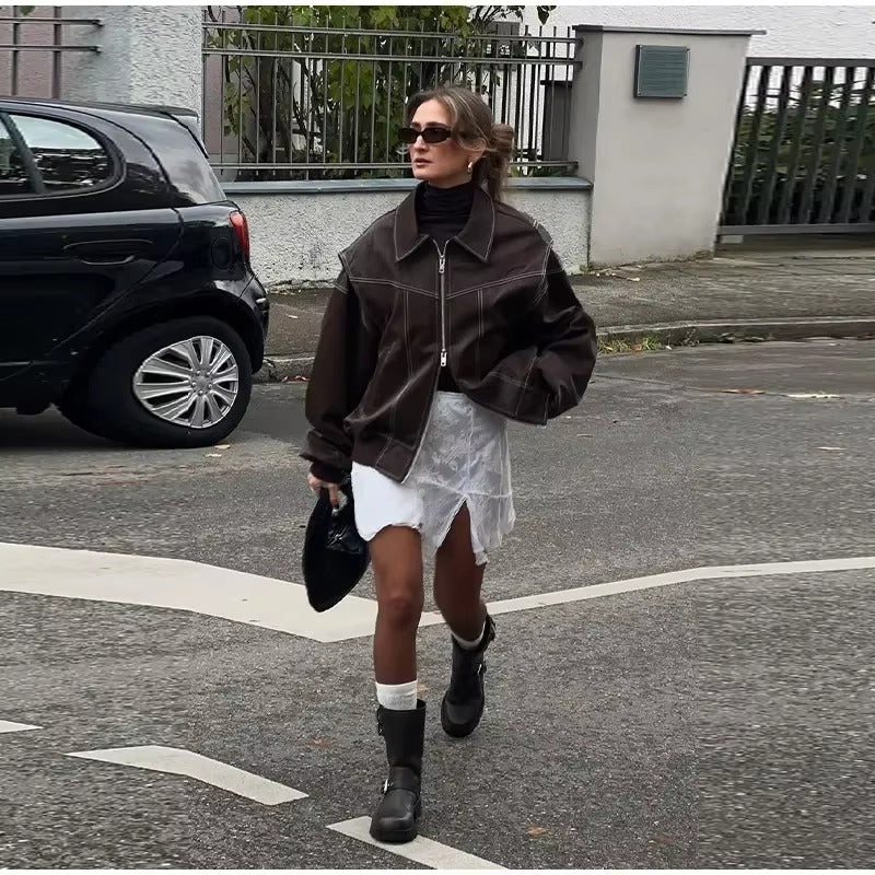 Vintage Lapel Long Sleeve Bomber Leather Jacket