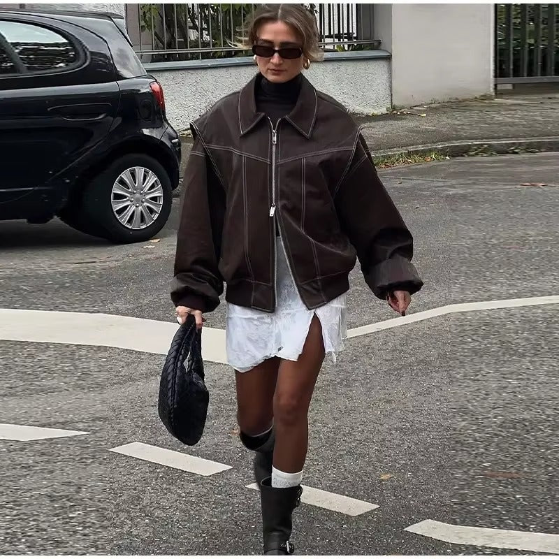 Vintage Lapel Long Sleeve Bomber Leather Jacket