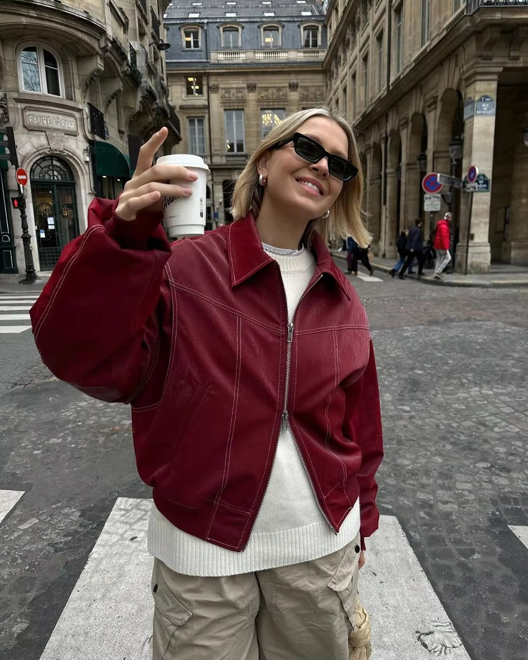 Vintage Lapel Long Sleeve Bomber Leather Jacket