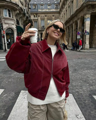 Vintage Lapel Long Sleeve Bomber Leather Jacket