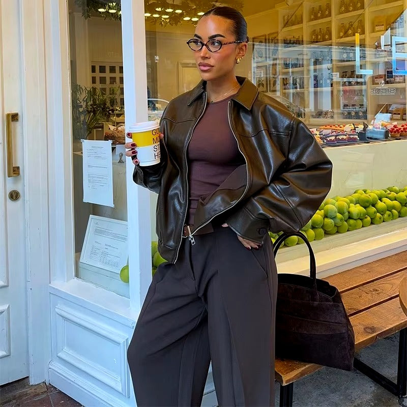 Vintage Leather Chic Zipper Long Seleeve Pocket Short High Streetwear Laple Jacket