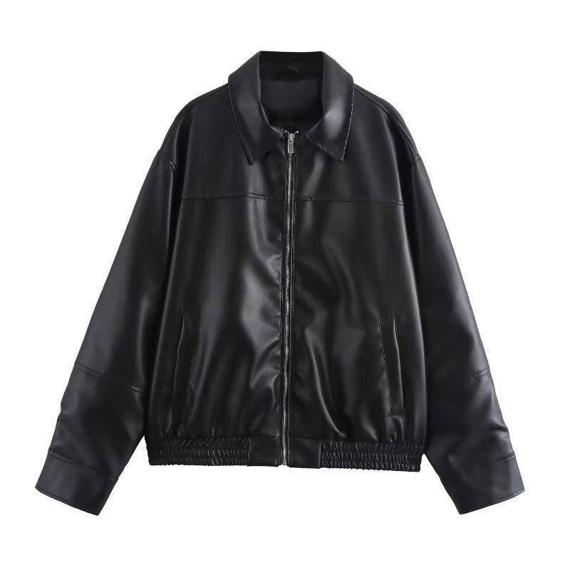 Vintage Leather Chic Zipper Long Seleeve Pocket Short High Streetwear Laple Jacket