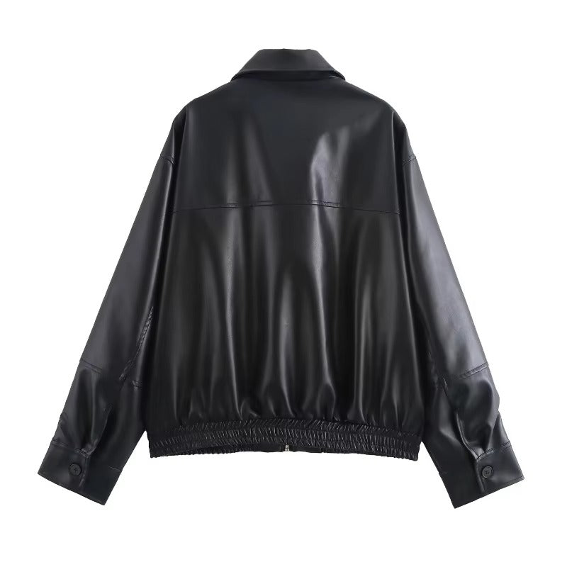 Vintage Leather Chic Zipper Long Seleeve Pocket Short High Streetwear Laple Jacket