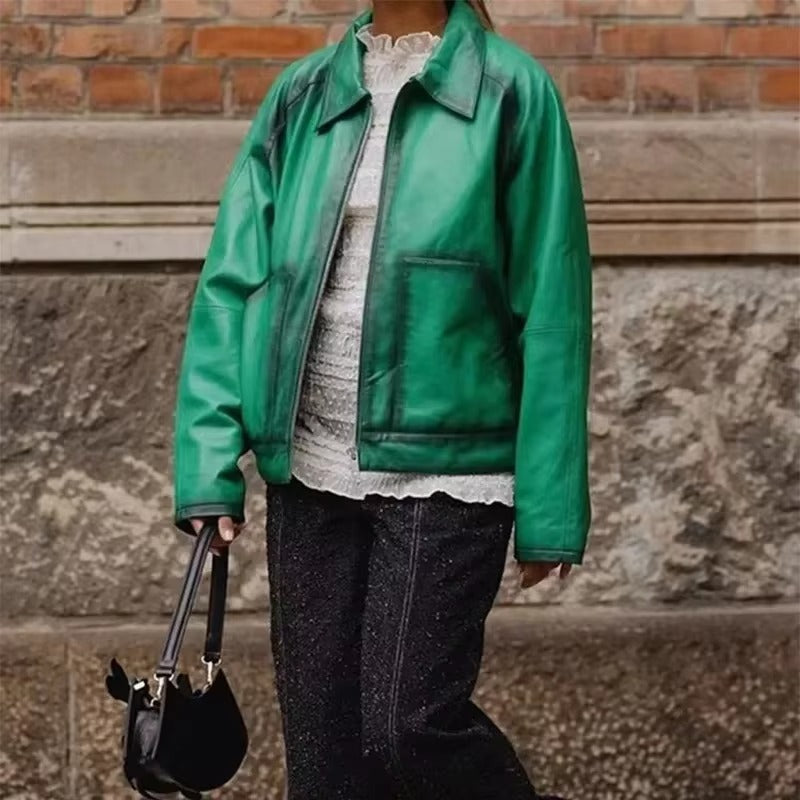 Vintage Leather Zipper Pockets High Street Loose Jackets
