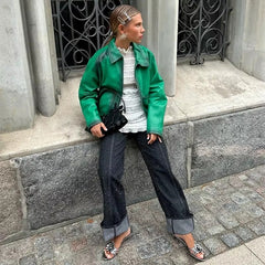 Vintage Leather Zipper Pockets High Street Loose Jackets