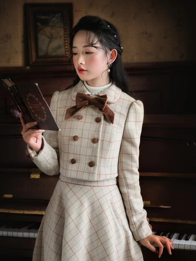 Vintage Plaid Bow Double-breasted Long Sleeve Coat And Skirt 2 Piece Suit