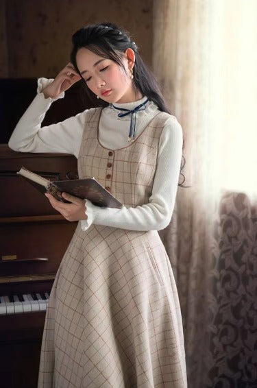 Vintage Plaid Bow Double-breasted Long Sleeve Coat And Skirt 2 Piece Suit