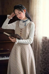 Vintage Plaid Bow Double-breasted Long Sleeve Coat And Skirt 2 Piece Suit