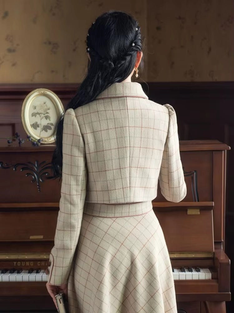 Vintage Plaid Bow Double-breasted Long Sleeve Coat And Skirt 2 Piece Suit