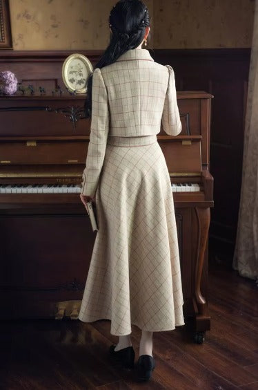 Vintage Plaid Bow Double-breasted Long Sleeve Coat And Skirt 2 Piece Suit