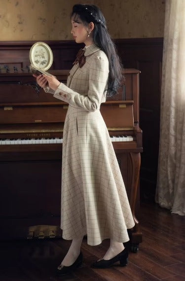 Vintage Plaid Bow Double-breasted Long Sleeve Coat And Skirt 2 Piece Suit