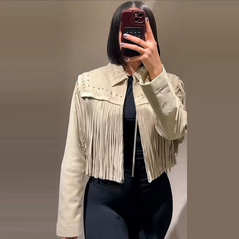 Vintage Street Tassel Suede Lapel Full Sleeves Single Breasted Jackets