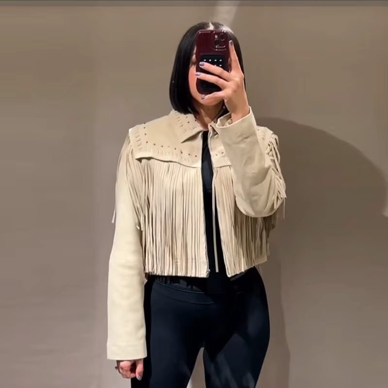 Vintage Street Tassel Suede Lapel Full Sleeves Single Breasted Jackets