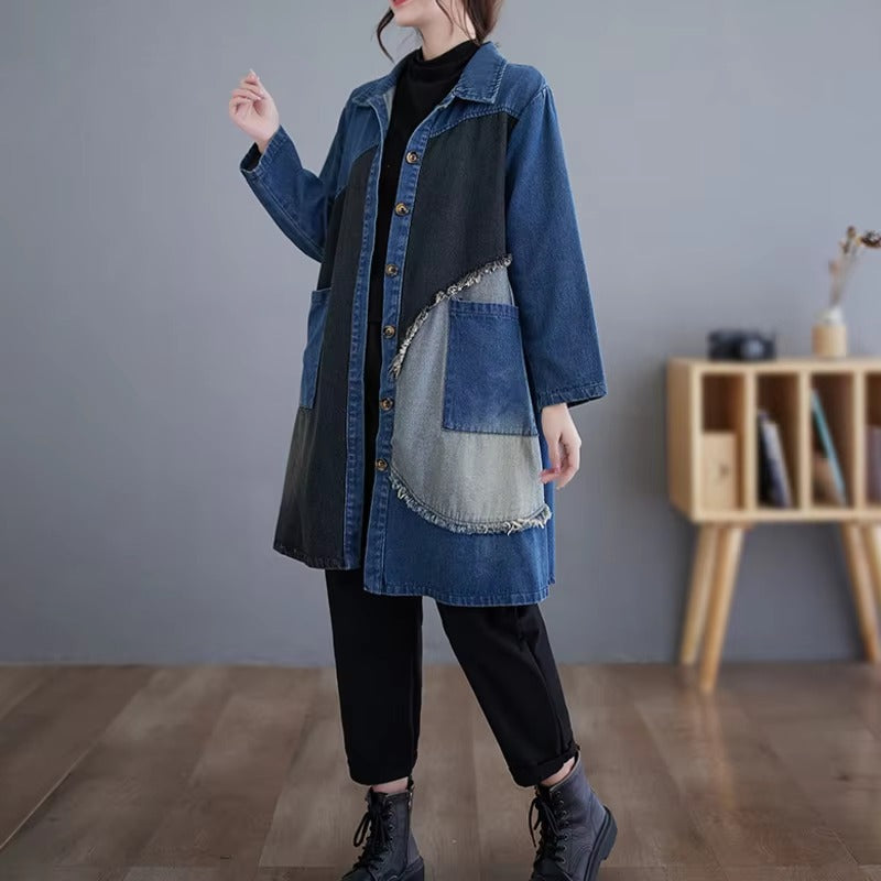 Vintage Turn down Collar Pockets Retro Loose Split Joint Long Jeans Jackets