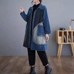 Vintage Turn down Collar Pockets Retro Loose Split Joint Long Jeans Jackets