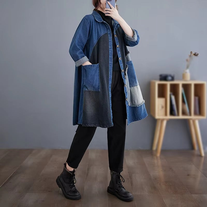 Vintage Turn down Collar Pockets Retro Loose Split Joint Long Jeans Jackets