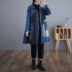 Vintage Turn down Collar Pockets Retro Loose Split Joint Long Jeans Jackets