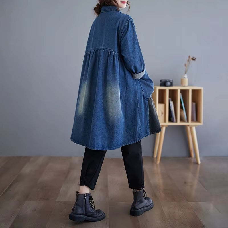 Vintage Turn down Collar Pockets Retro Loose Split Joint Long Jeans Jackets