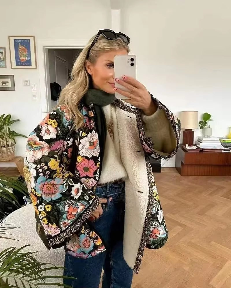 Vintage Tweed Warm Flower Printed Quilted Jacket