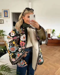 Vintage Tweed Warm Flower Printed Quilted Jacket
