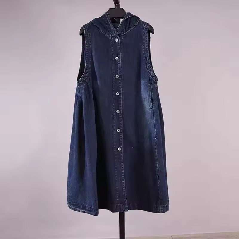 Vintage Loose Sleeveless Long Denim Vest Hooded Jacket Blazer